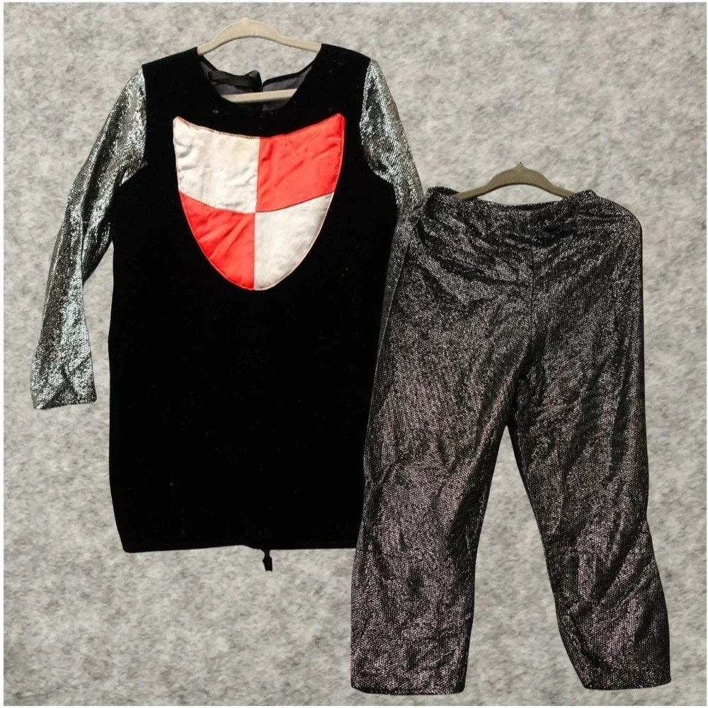 Vintage Knight Costume 3pc Set Boys 4 Black Silver Tunic Pants Hood‎ Halloween